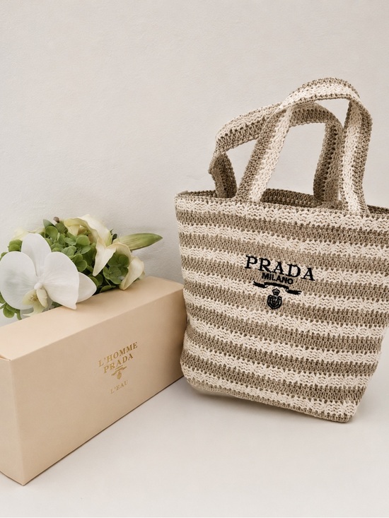 Prada Handbags - Prada Beige & Cream Striped Knit Tote with Embroidered Logo